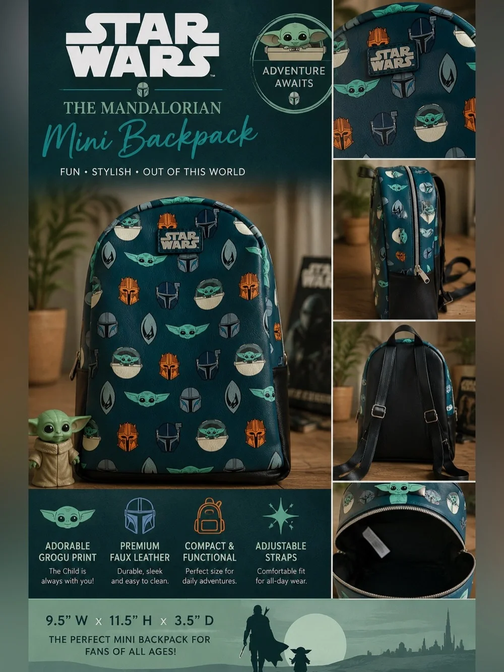 Funko Star Wars The Mandalorian Grogu Mini Backpack Teal Black Adjustable Straps